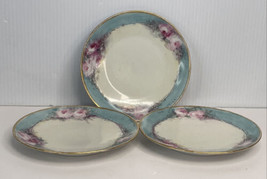 3 HAND PAINTED PLATE PINK ROSES BLUE W/GOLD EDGE ARTIST SIGNED 6.25” - £13.94 GBP