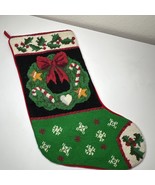 Vintage Needlepoint By Hand Christmas Stocking WREATH Holly Bow Wool &amp; V... - $25.64 CAD