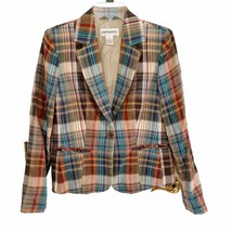 Bloomingdale&#39;s Retro 100% Linen Madras Plaid Blazer Jacket Size 6 - £25.73 GBP