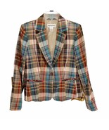 Bloomingdale&#39;s Retro 100% Linen Madras Plaid Blazer Jacket Size 6 - £25.73 GBP