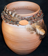 Artist Made Stoneware Pot Feathers Branches Beads Fish CJ Clark &#39;00 - $49.99