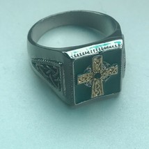 Estate Large Green Enamel &amp; Goldtone Celtic Cross SIlvertone Tapered Band Ring  - £11.90 GBP