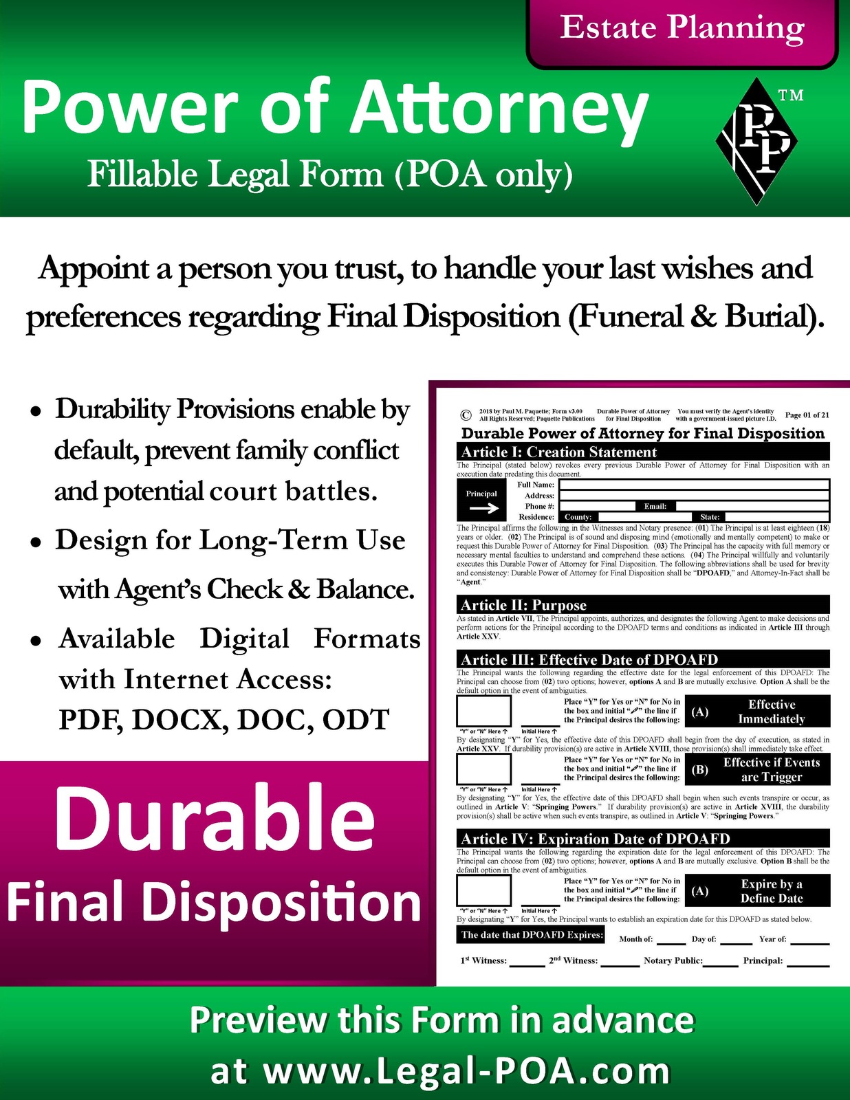 Durable Power of Attorney for Final Disposition - Form &amp; Instructions Le... - $9.99