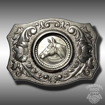 Vintage Belt Buckle Stamped Silver Dollar Coin Paisley Horse Head Western - £23.84 GBP