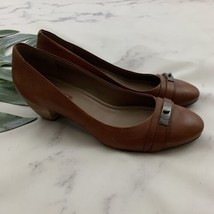 Ecco Womens Brown Leather Pumps Size 41 Buckle Trim Round Toe Stacked Heel - £31.02 GBP