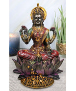Hindu Goddess Of Prosperity Lakshmi Seated On Lotus Flower Throne Statue... - $40.99
