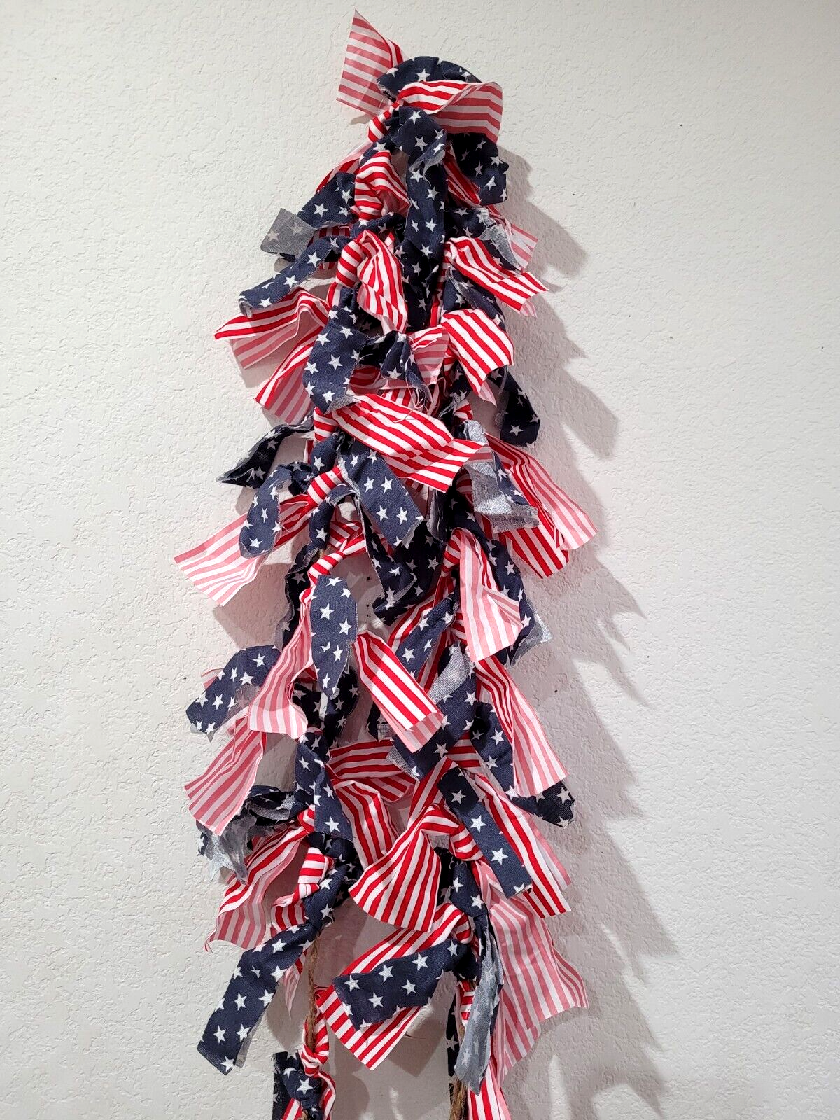 Memorial Day Patriotic 4th of July Stars Stripes Rag Garland 6FT Red Blue - $21.77
