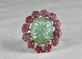 Antique Natural Emerald Ruby Carved Gemstone Diamond Silver Big Cocktail Ring - £591.84 GBP