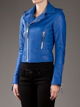 Handmade New Women&#39;s Leather Jacket BLUE Genuine Lambskin Leather Biker ... - £84.29 GBP+