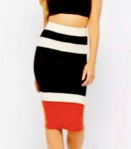 Black Ivory Orange Colorblock Knee Length Pencil Skirt Stretch Small NEW - $15.31
