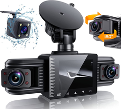 3 Channel 1080P, Adjustable Lens Dash Camera for Cars with 8 IR Lamps Night Visi - £128.95 GBP