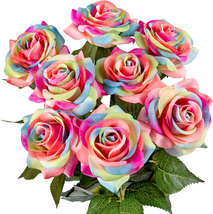 Whaline 8Pcs Rainbow Artificial Rose Flower Real Touch Rainbow Artificial Silk R - £20.83 GBP
