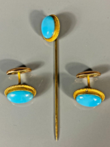 Vintage Blue Opaline Glass Cufflinks Stick Pin Set - $95.00