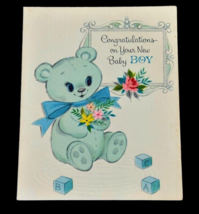 1950s New Baby Boy Card Blue Bear Holding Bouquet Forget Me Nots Vintage... - $4.88