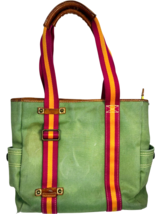 Gap 1929 Green w/ Pink/Orange stripes Canvas Tote Bag brown leather trim... - $40.64