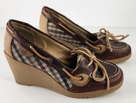 Sperry Top Sider Shoes Womens 7M Brown Leather Plaid Boat Gum Wedge Heel - £24.76 GBP