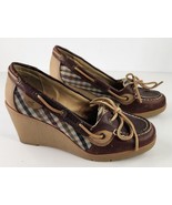 Sperry Top Sider Shoes Womens 7M Brown Leather Plaid Boat Gum Wedge Heel - £25.22 GBP
