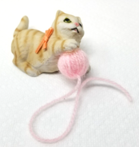 Kitten Playing with Yarn Figurine Brown Striped Green Eyes Ceramic Small... - $18.95