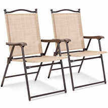 Set Of 2 Patio Folding Sling Back Chairs Camping Deck Garden Beach Yellow - £103.03 GBP