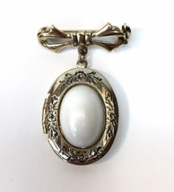 Gold Tone Ribbon Bow Dangling Faux Pearl Oval Locket Brooch Pin Approx 1.75&quot; - £9.38 GBP