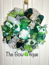 13” St. Patrick’s Day Ribbon Wreath Gnomes : Green &amp; White Handmade MW9 - $50.00
