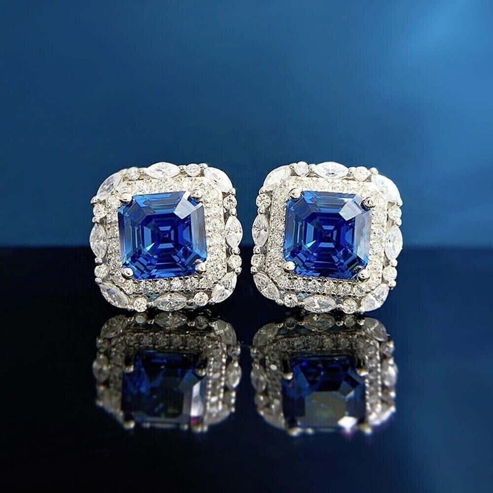3.00Ct Asscher Cut Lab Created Sapphire Halo Stud Earrings 14K White Gold Plated Item image 2