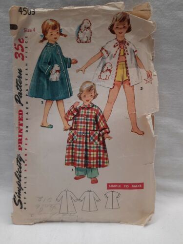 VTG 1950's Simplicity Pattern 4503 Adorable Child's Robe w/ Bunny Transfer Sz 4 - $9.85