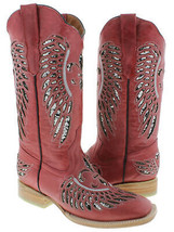 Womens Western Wear Boots Red Leather Silver Sequins Inlay Wings Square Toe - £66.22 GBP