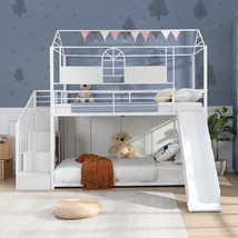 Metal Bunk Bed with Slide and Steps for Kid Room - £544.56 GBP