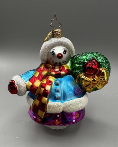 Christopher Radko Ornament Mrs. Snowman Glass Multi Colored 6 " Tall 5" Wide Tag - $70.08