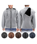 Men&#39;s Quilted Pattern Sherpa Lined Removable Hood Zip Up Sweater Jacket - £46.15 GBP