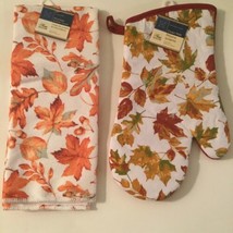 foliage towel oven mitt leaves acorns lot of 2 orange 15x25 in - £7.66 GBP