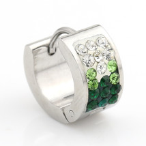 Silver Tone Huggie Hoop Earrings With Faux Emerald &amp; Swarovski Style Crystals - £16.02 GBP