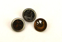 3 Antique Victorian Era Pictorial Picture Button Brass Birds Swans Nature - £14.48 GBP