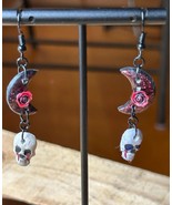 Skull Moon Roses Polymer Clay Handmade Earrings Spooky Season Halloween ... - $18.99 CAD