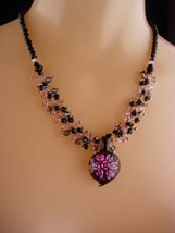 Murano Flower necklace / sweetheart gift / signed necklace / pink black glass /  - £60.89 GBP