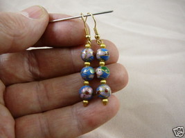 (EE600-120) 8 mm Blue pink flower three bead CLOISONNE dangle EARRINGS Jewelry - £11.75 GBP