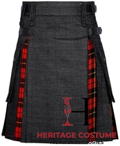 Hybrid KILT Scottish Wallace Tartan With Black Denim Utility Kilt For Men&#39;s - £54.68 GBP+
