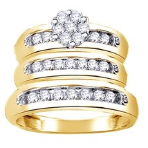 14K Gold Plated 1Ct Simulated Diamond Flower Cluster Trio Set Engagement Band - £153.39 GBP