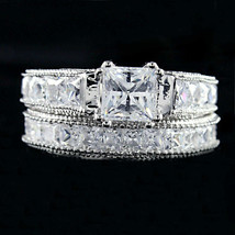 2CT Simulated Diamond White Gold Plated Engagement Wedding Band Bridal Ring Set - £116.76 GBP