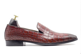 Mens Handmade Burgundy Alligator Textured Leather Loafers, Fashion Party Loafers - £115.55 GBP
