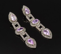 925 Silver - Vintage Pear &amp; Oval Shaped Amethyst &amp; Marcasite Earrings - ... - £37.85 GBP