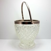 Pressed Glass Diamond Ice Bucket with Chrome Collar and Handle 6-7/8&quot; - £21.86 GBP