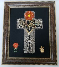 Framed Jewelry Art Cross OOAK Handmade Butterfly Bird Fish Rhinestones - £79.09 GBP
