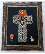 Framed Jewelry Art Cross OOAK Handmade Butterfly Bird Fish Rhinestones - £77.73 GBP