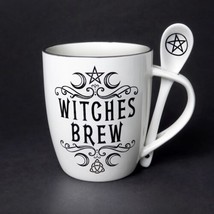 Crescent Witches Brew Alchemy Gothic ALMUG16 Cup &amp; Spoon Coffee Mug Tea White - £13.36 GBP