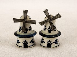 Vintage Delft Blue Salt &amp; Pepper Shakers, Porcelain Windmills w/Metal Blades - £15.59 GBP