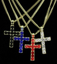 Men Women Iced Rhinestone Cross 1.5&quot; Pendant 14k Gold Plated 24&quot; Cuban Necklace - £6.28 GBP