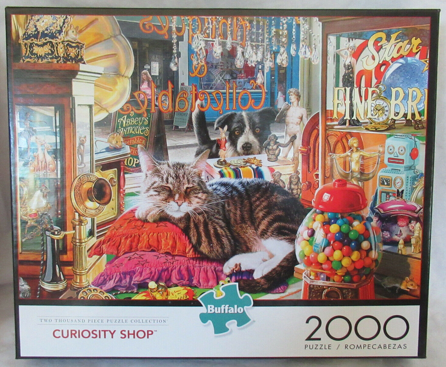 Buffalo 2000 Piece Puzzle CATS - CURIOSITY SHOP Tabby sleeping in window gumball - $45.77
