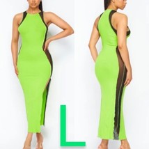 Lime Green Ribbed Black Side Mesh Slit Maxi Dress~Size L - £32.95 GBP